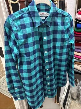 Vineyard Vines Teal and Navy Buffalo Plaid Button-Down Shirt